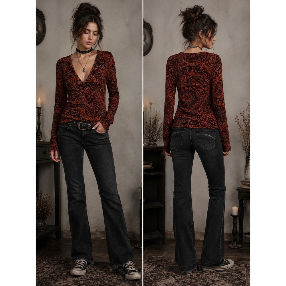 Boho Whimsigoth Y2K Grunge Orange Black Paisley Metallic V-Neck Petite M Top
